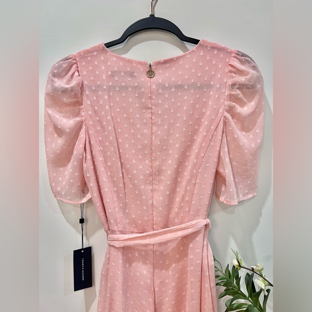 Tommy Hilfiger Women's Puff Sleeve V-Neck Tie Waist Chiffon Mini Dress - Picture 8 of 12